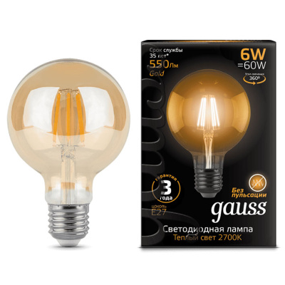 Лампа светодиодная филаментная Е27 150-265В 6Вт 2400К GoldЕn Gauss Gauss Filament 105802006