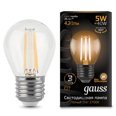 Лампа светодиодная филаментная Е27 150-265В 5Вт 2700К Gauss Gauss Filament 105802105